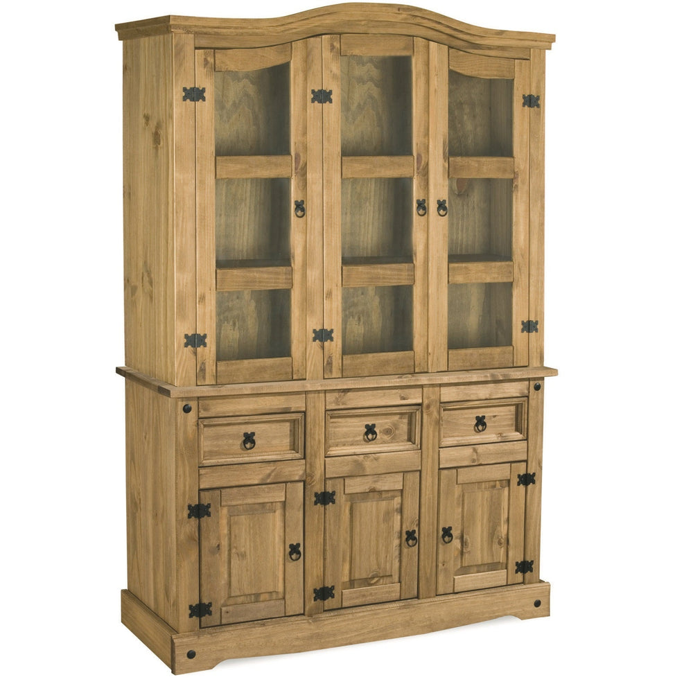 Corona Buffet Hutch 3 Door 3 Drawer - Distressed Waxed Pine/Glass