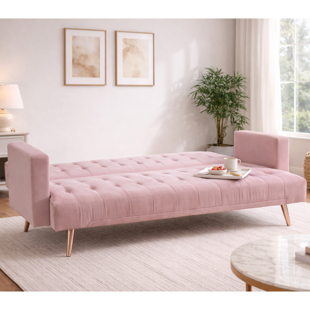 Salisbury 3 Seater Sofa Bed Luxury Velvet - Pink Velvet with Rose Gold Metal Legs