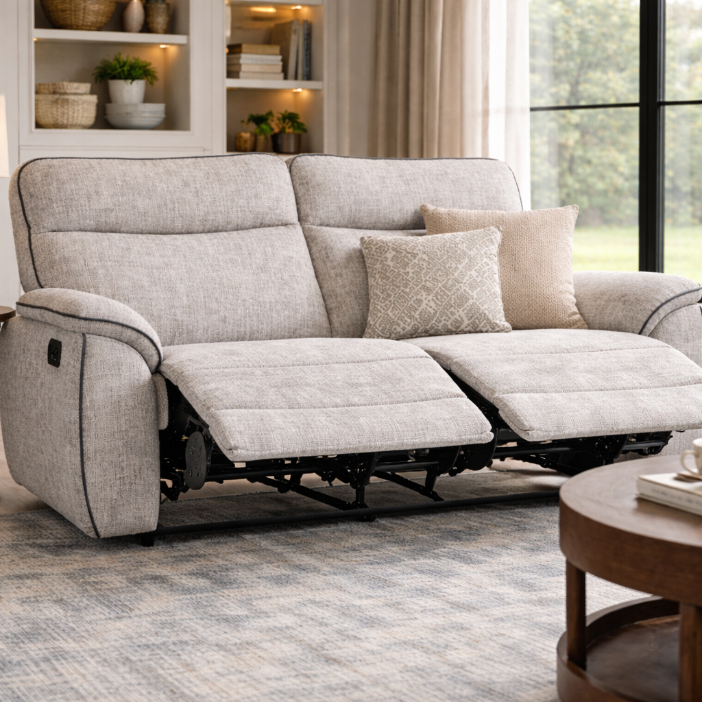 Ashtown 3 Seater Fabric Recliner Suite - Light Grey