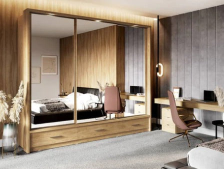 Sparta 250cm 3 Door Mirrored Sliding Wardrobe with 3 Drawers and LED Lights - Oak