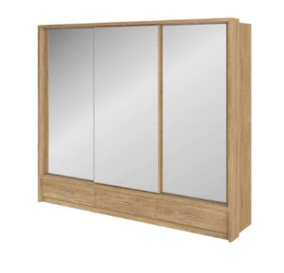 Sparta 250cm 3 Door Mirrored Sliding Wardrobe with 3 Drawers and LED Lights - Oak