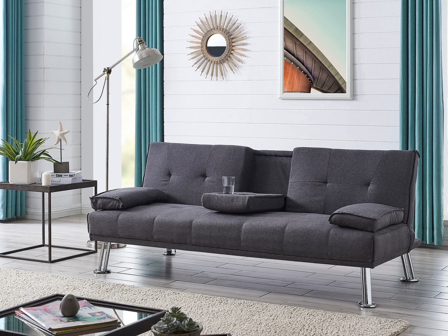 Herman 3 Seater Fabric Sofa Bed with Cup Holder- Charcoal with chrome legs