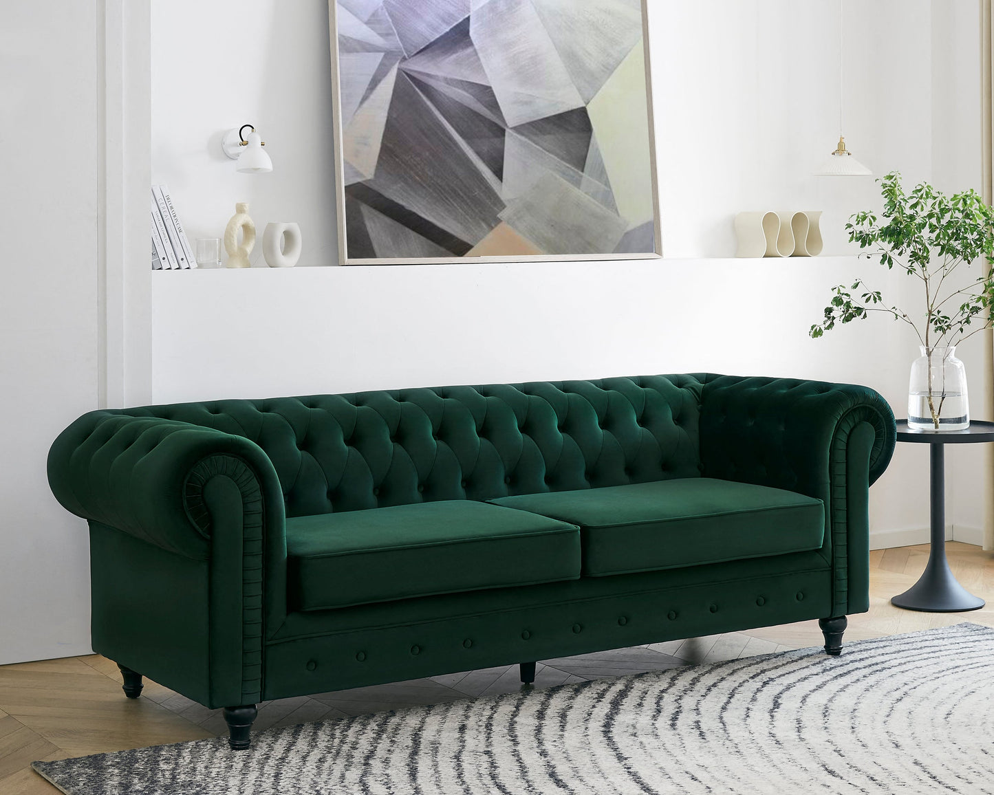 Harper Chesterfield 3 Seater Fabric Sofa - Pleat Green Velvet