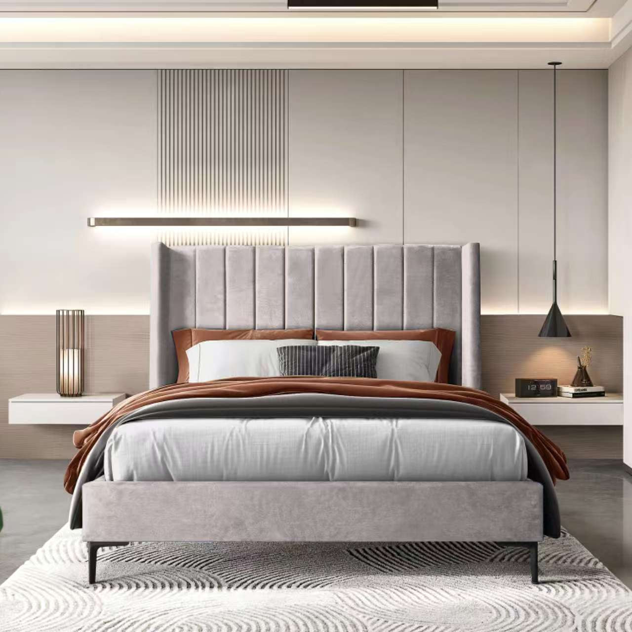 Anapolis 4'6 Double Bed, Champagne Taupe Fabric,with black legs