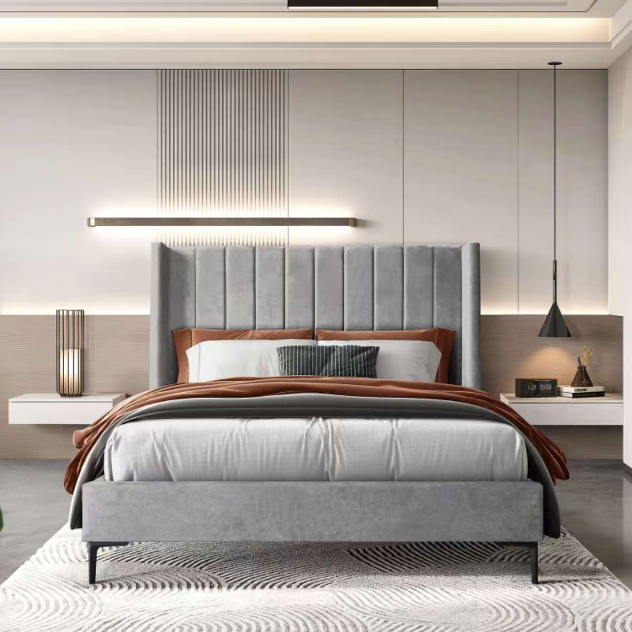 Anapolis 5'0 King Size Bed, Grey Fabric, with black legs