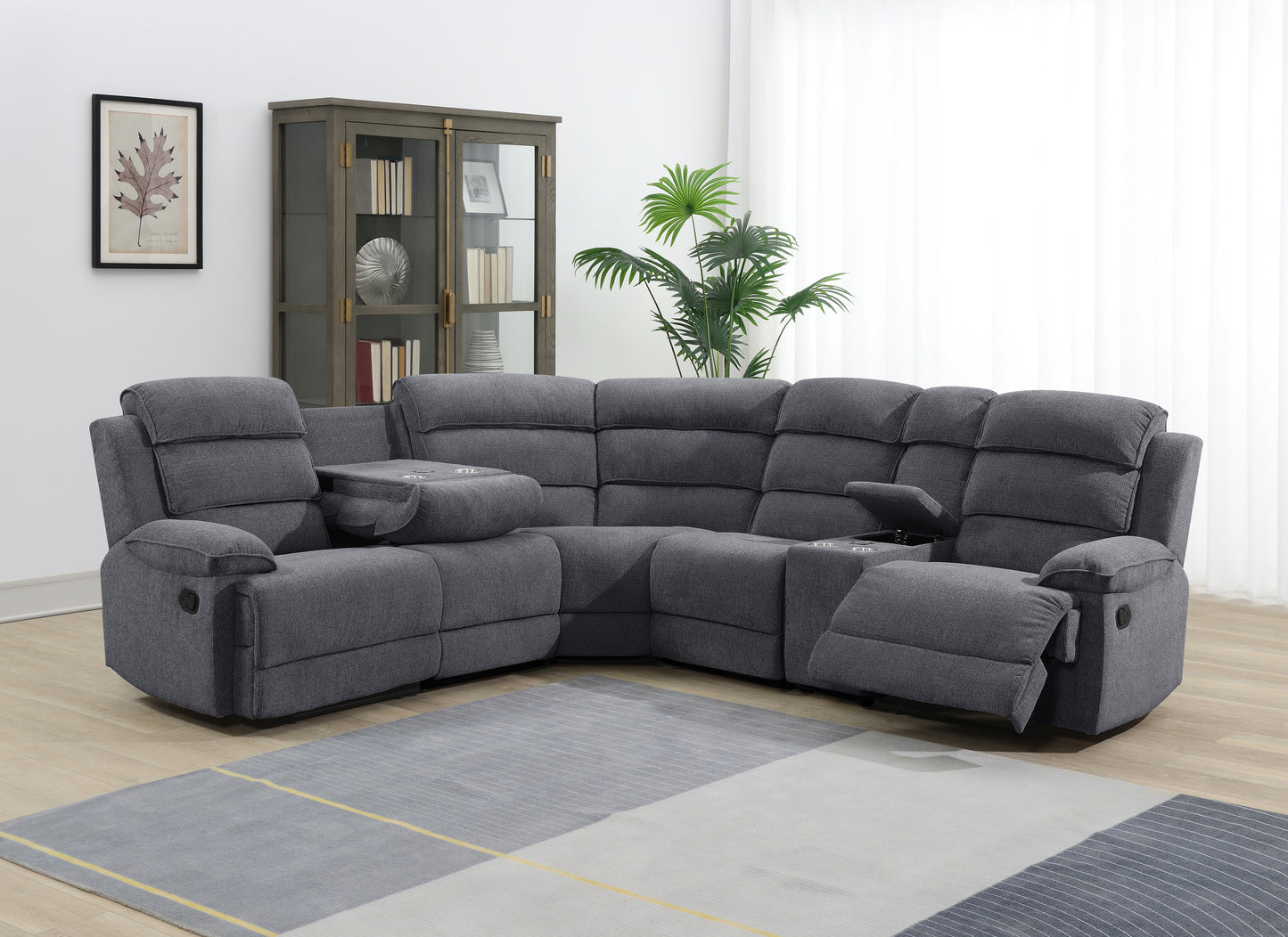 Limerick Corner Group Fabric Recliner with pull down tray and console- Dark Grey