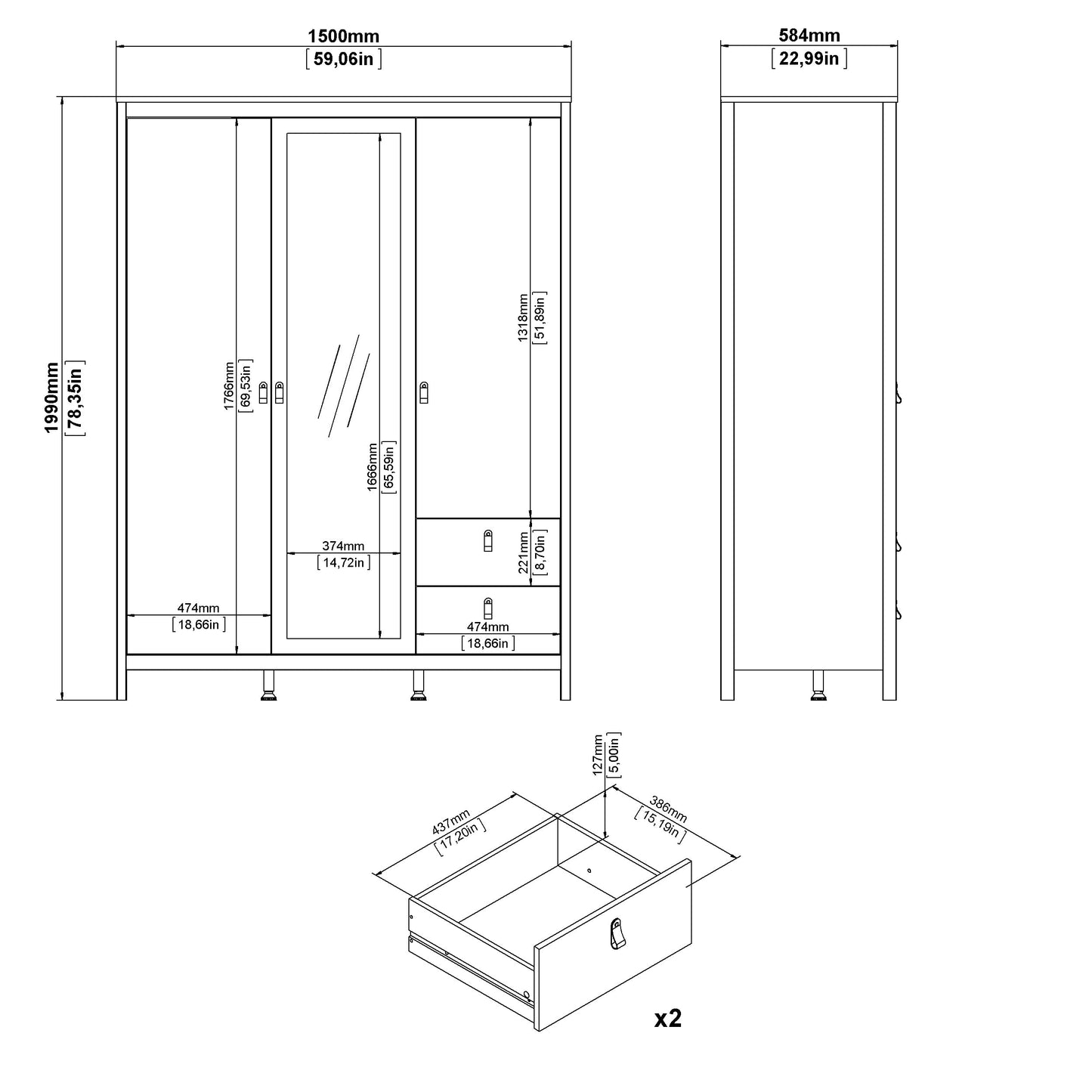 Madrid Wardrobe with 2 plain doors 1 mirror door and 2 drawers - Black