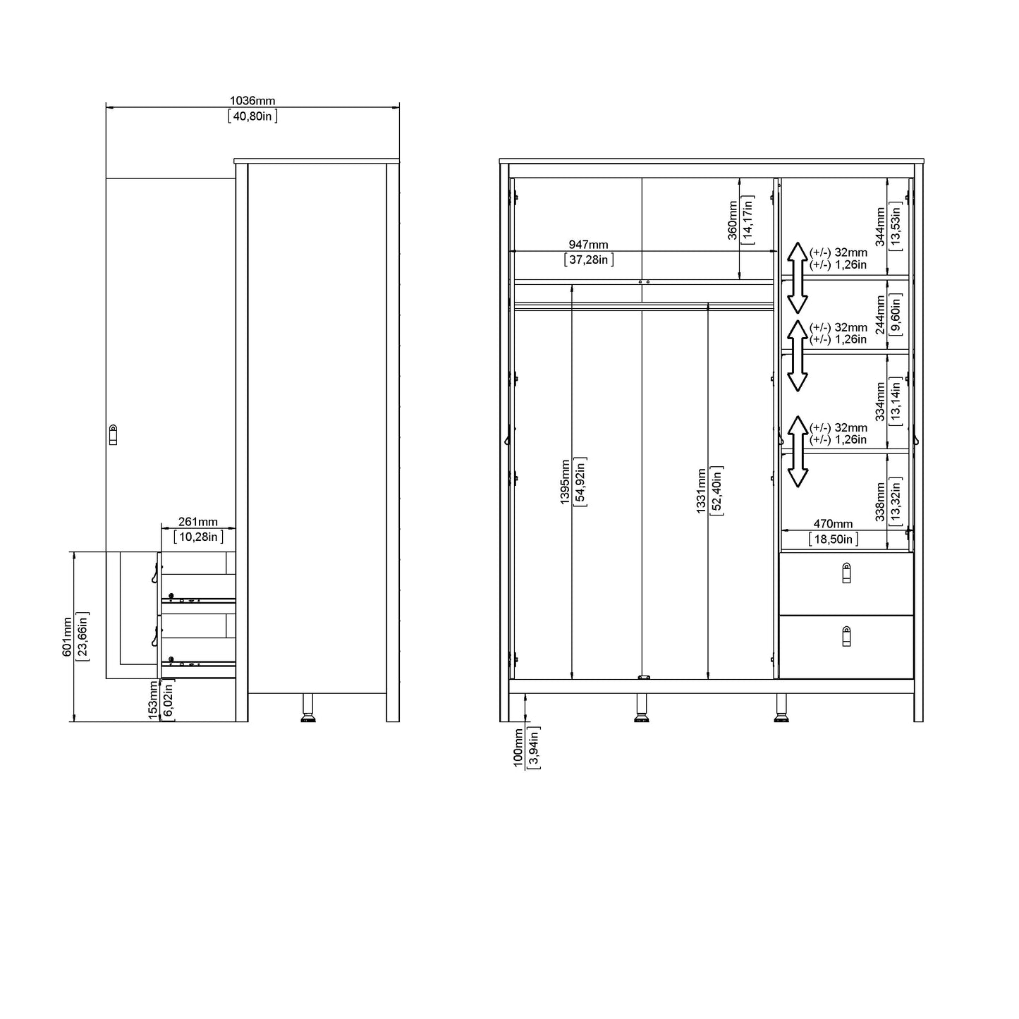 Madrid Wardrobe with 2 plain doors 1 mirror door and 2 drawers - White