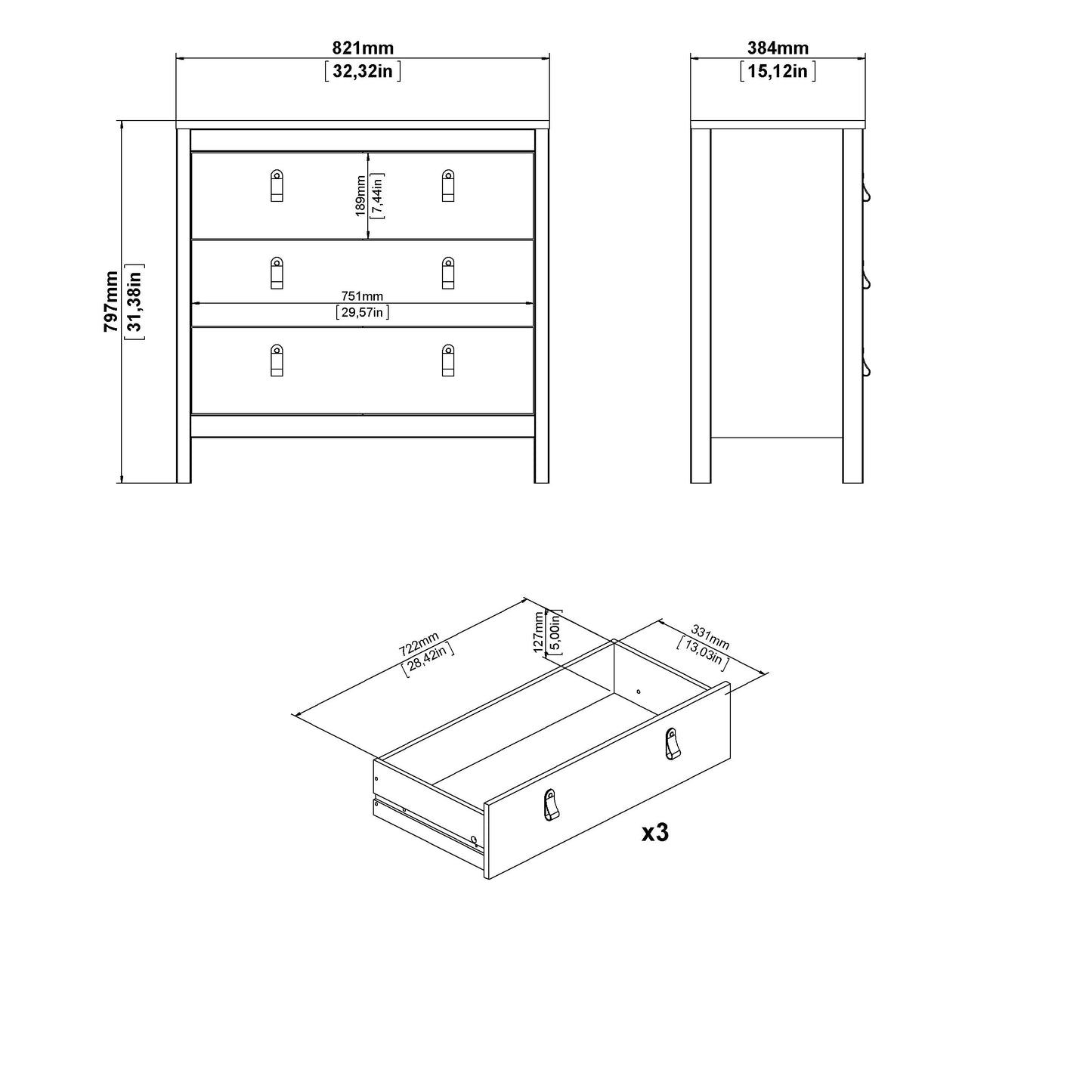 Madrid 3 Drawer Chest - Black