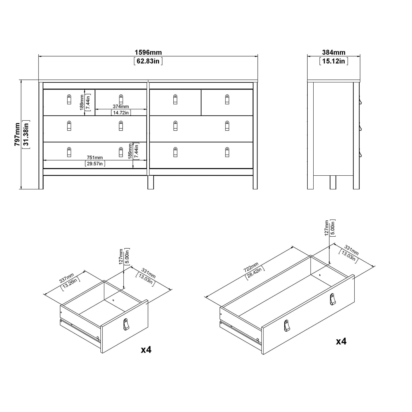 Madrid Double Dresser 4+4 Drawers - White