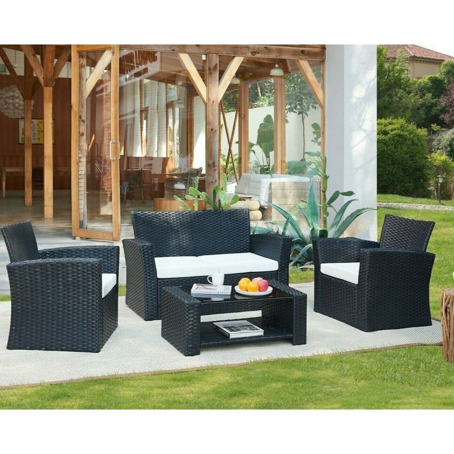Vegas 4 Piece Rattan Garden Lounger with Cream Cushions - Black