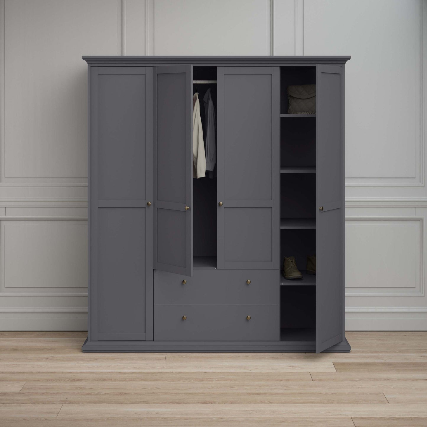 Paris Wardrobe with 4 Doors 2 Drawers - Grey
