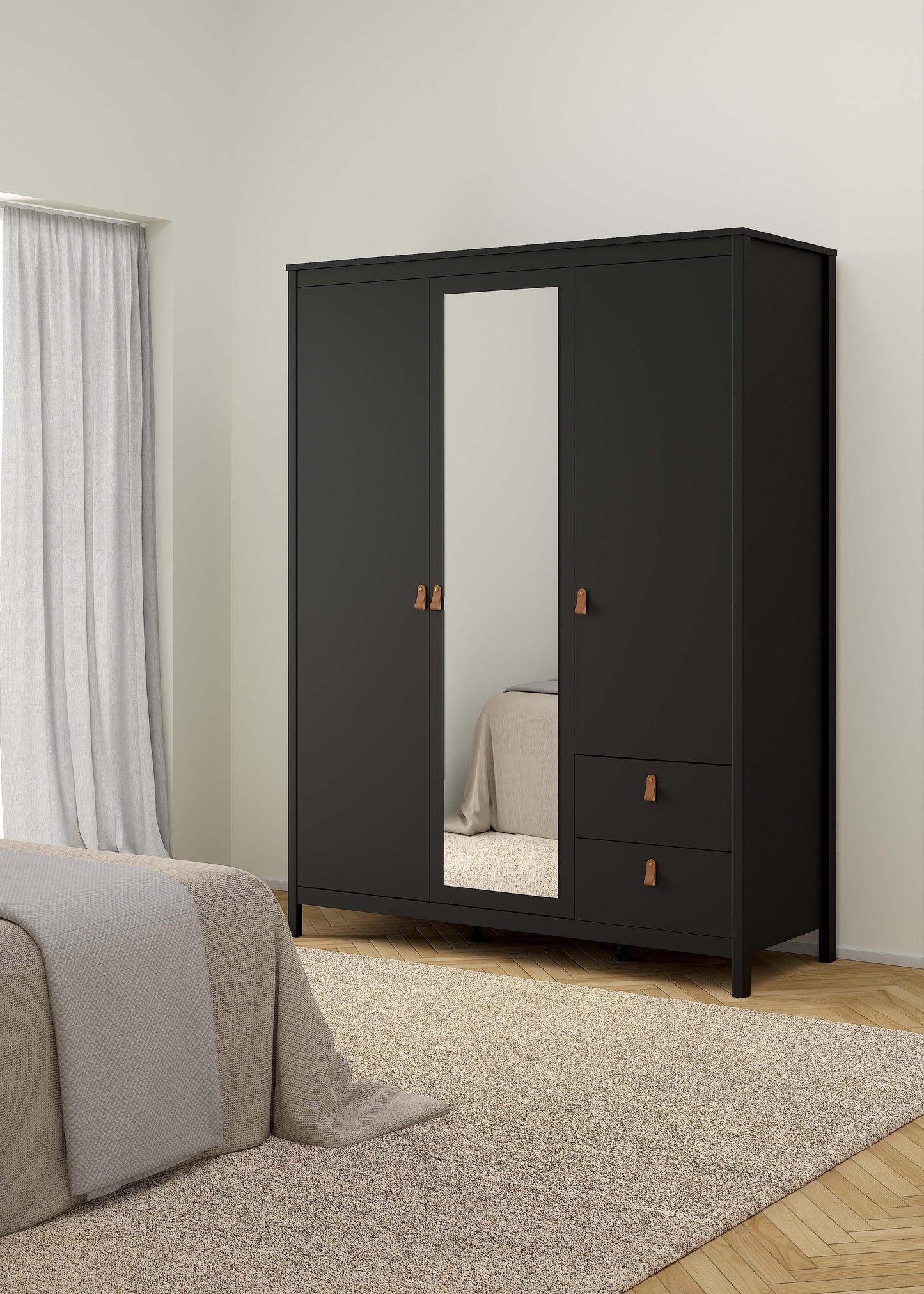 Madrid Wardrobe with 2 plain doors 1 mirror door and 2 drawers - Black