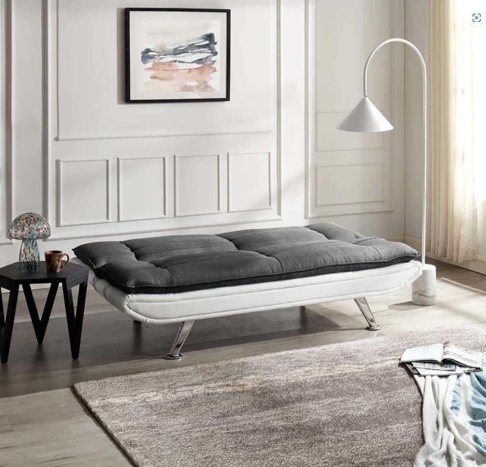 Detroit 2 Seater Sofa Bed Recliner - Charcoal Fabric / White Faux Leather