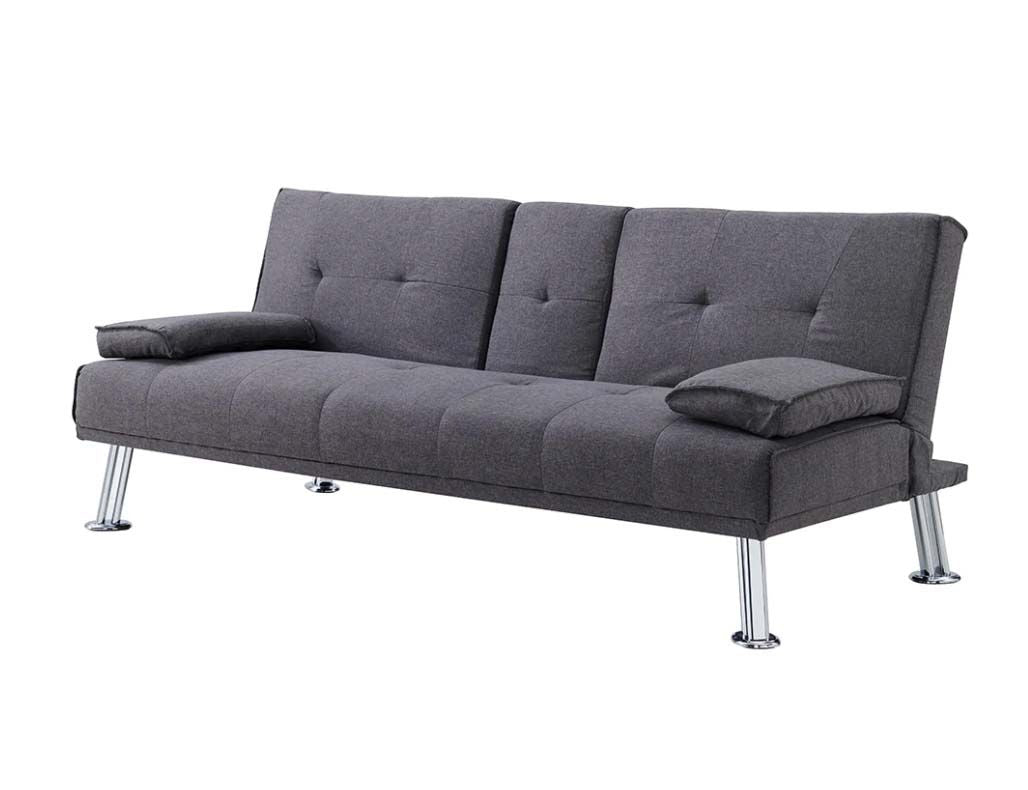 Herman 3 Seater Fabric Sofa Bed with Cup Holder- Charcoal with chrome legs