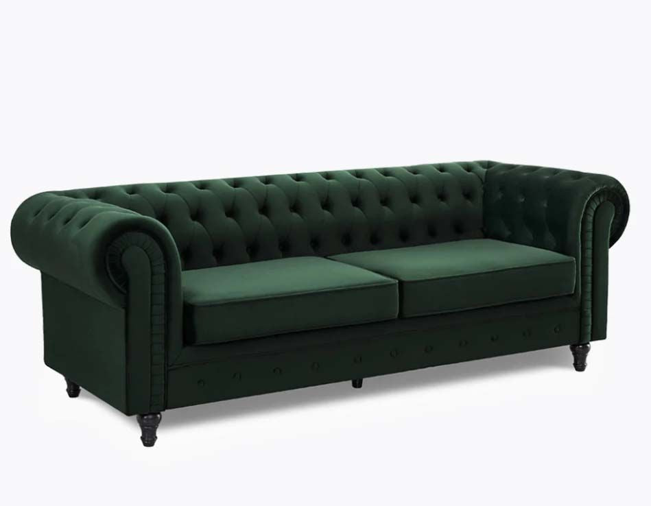 Harper Chesterfield 3 Seater Fabric Sofa - Pleat Green Velvet