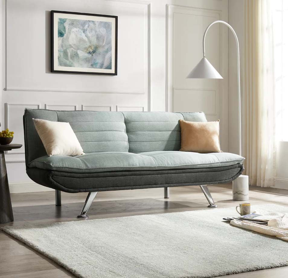 Detroit 2 Seater Fabric Sofa Bed Recliner - Duck Egg / Charcoal with chrome legs