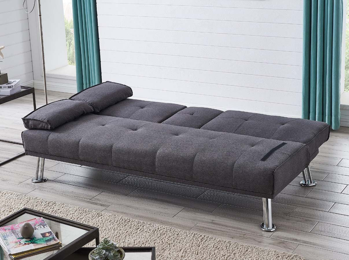 Herman 3 Seater Fabric Sofa Bed with Cup Holder- Charcoal with chrome legs