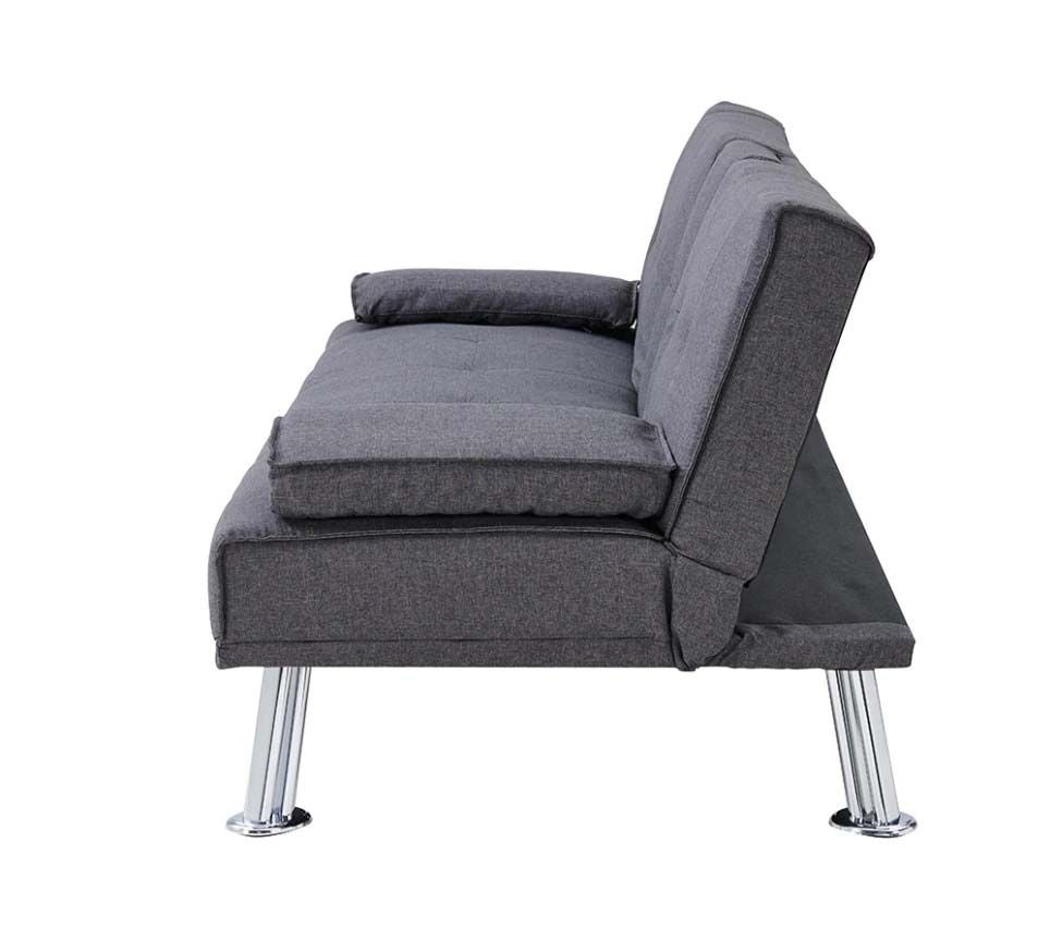 Herman 3 Seater Fabric Sofa Bed with Cup Holder- Charcoal with chrome legs
