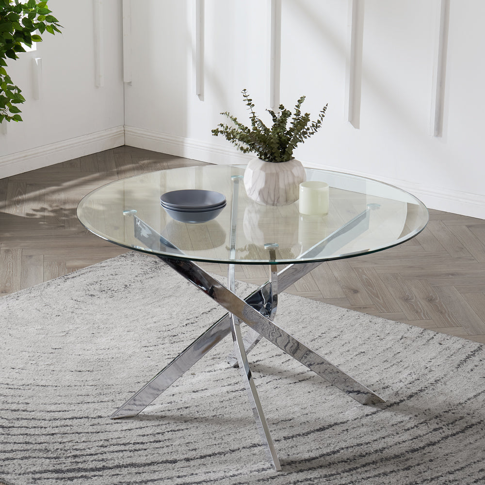 Lavina 4 Seater Round Glass Dining Table, Silver Legs