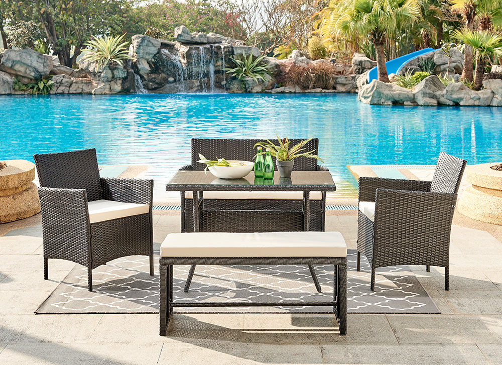 Rosa 5 Piece Garden Dining Set with Bench and Cover - Black