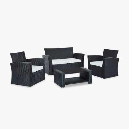 Vegas 4 Piece Rattan Garden Lounger with Cream Cushions - Black