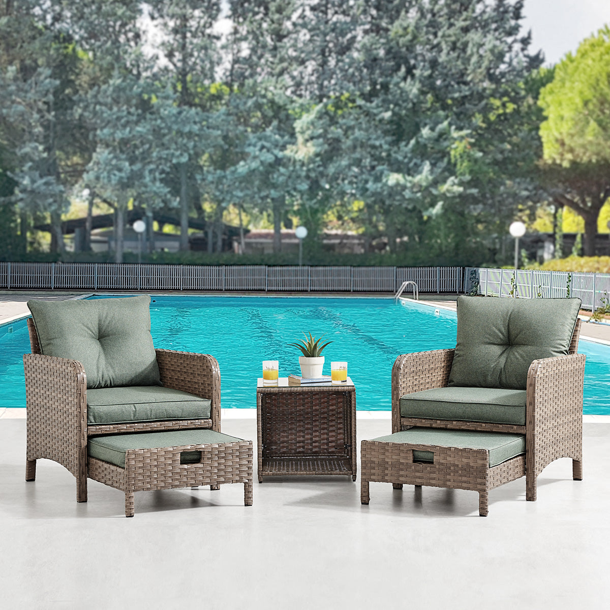 Grenada 5 Piece Garden Armchair Set with Green Cushions and Covers - Brown