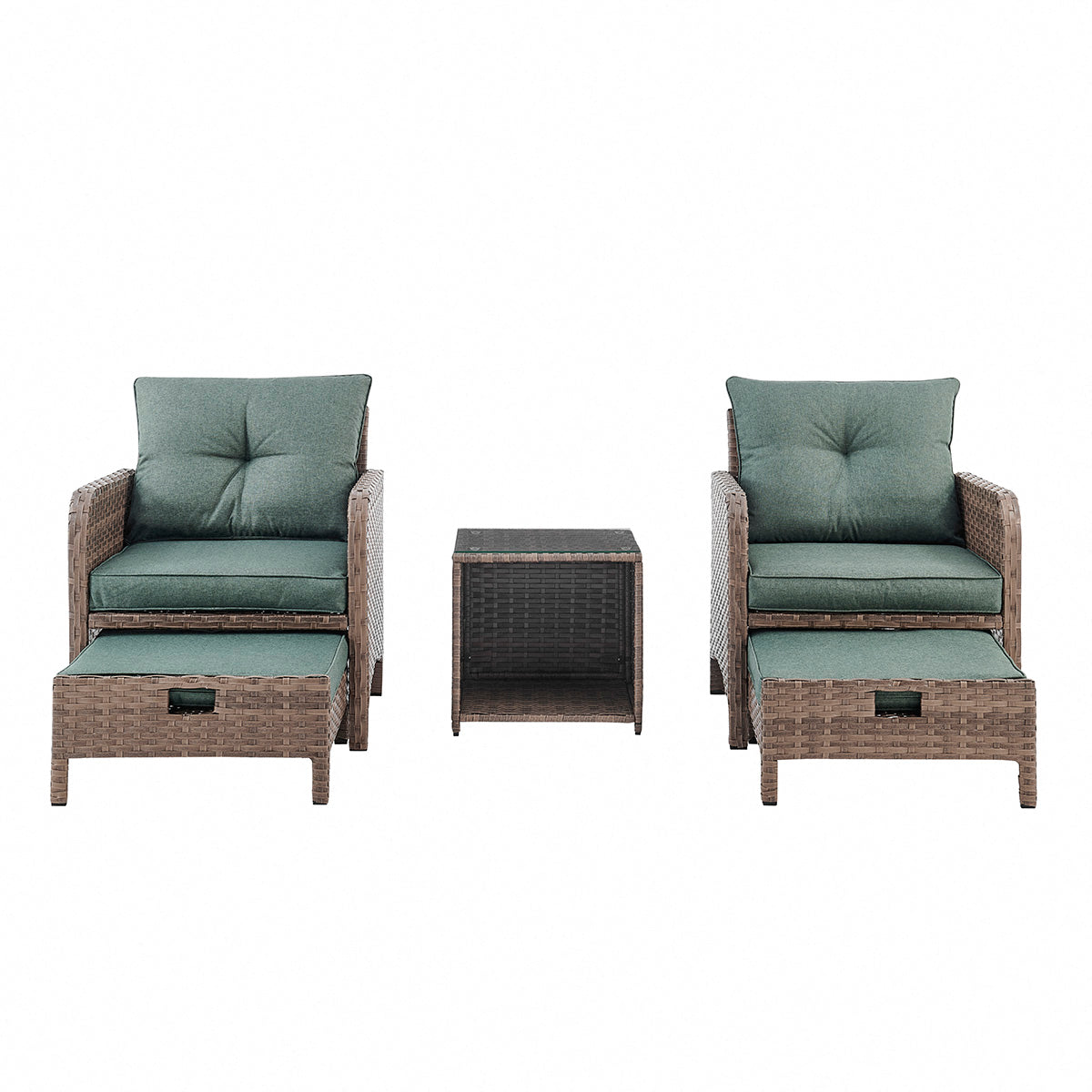 Grenada 5 Piece Garden Armchair Set with Green Cushions and Covers - Brown