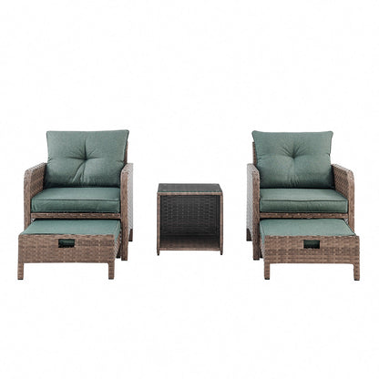 Grenada 5 Piece Garden Armchair Set with Green Cushions and Covers - Brown
