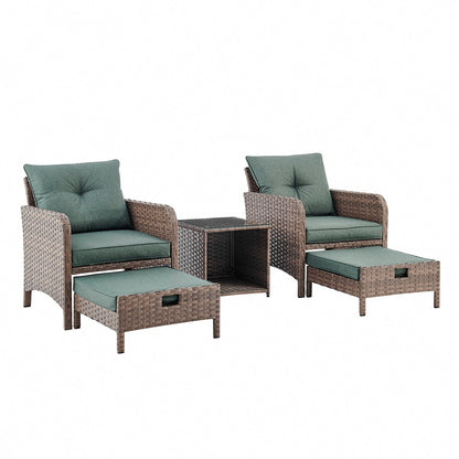 Grenada 5 Piece Garden Armchair Set with Green Cushions and Covers - Brown