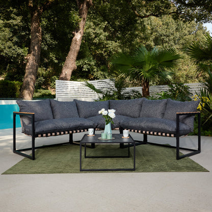 Marbella Garden Corner Set with Polywood Table, Grey Cushions and Cover - Black