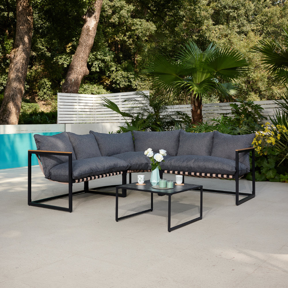 Marbella Garden Corner Set with Polywood Table, Grey Cushions and Cover - Black
