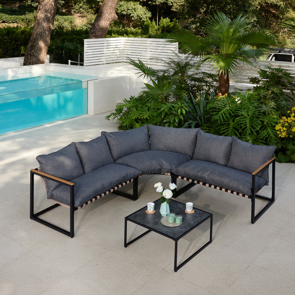 Marbella Garden Corner Set with Polywood Table, Grey Cushions and Cover - Black
