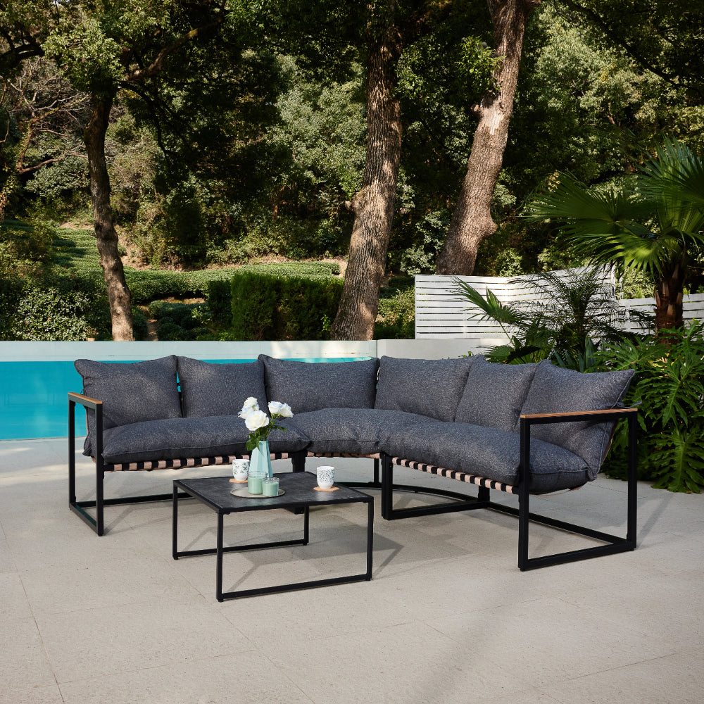 Marbella Garden Corner Set with Polywood Table, Grey Cushions and Cover - Black