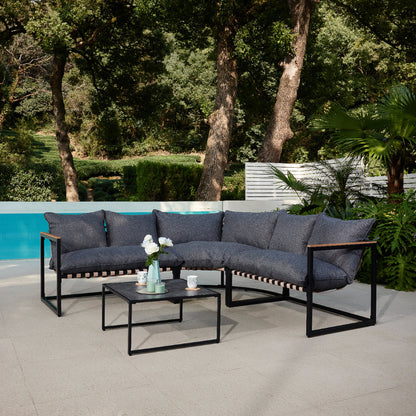 Marbella Garden Corner Set with Polywood Table, Grey Cushions and Cover - Black