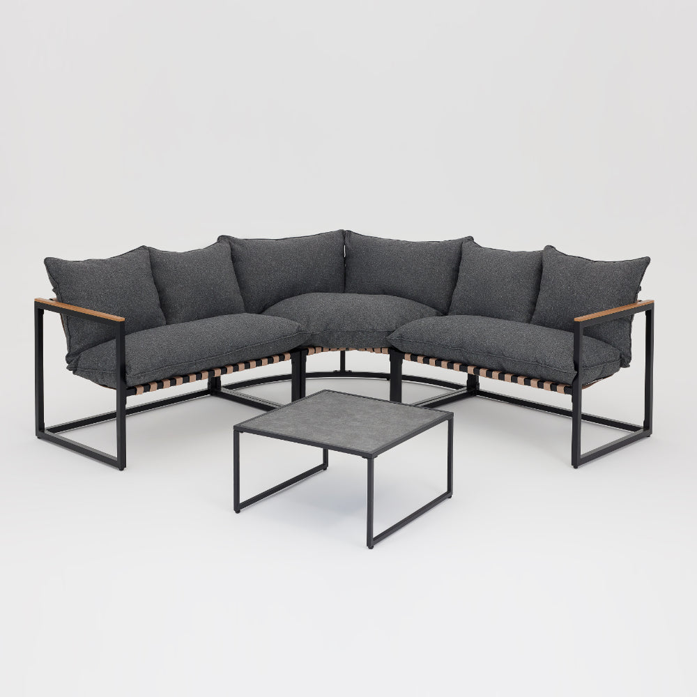 Marbella Garden Corner Set with Polywood Table, Grey Cushions and Cover - Black