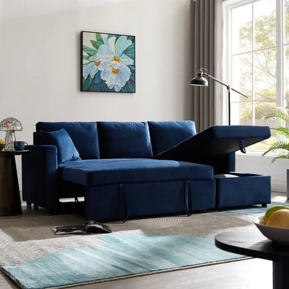Oliver 3 Seater Reversible Chaise Sofa Bed - Blue Velvet