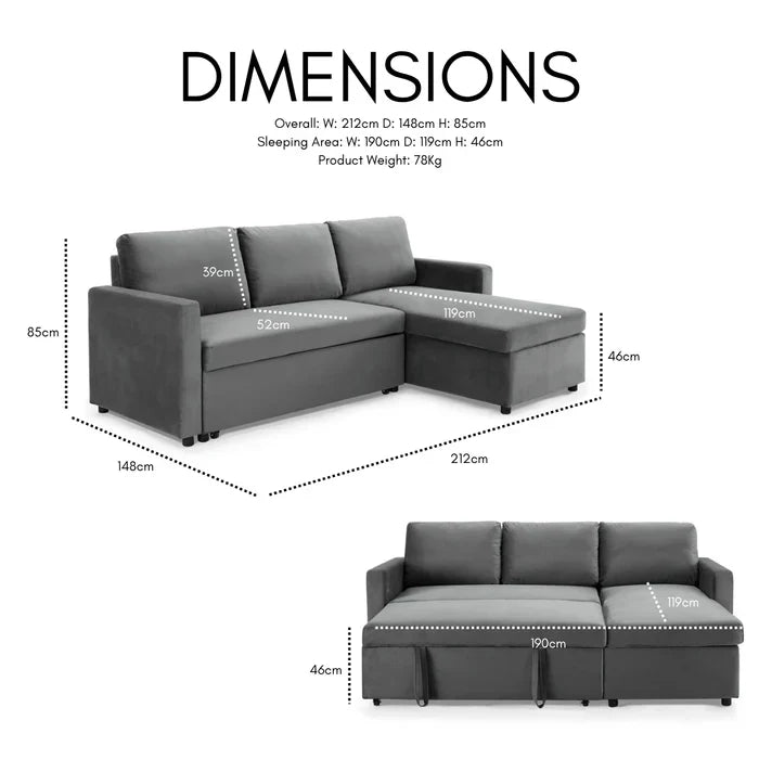 Oliver 3 Seater Reversible Chaise Sofa Bed - Blue Velvet