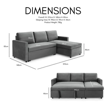 Oliver 3 Seater Reversible Chaise Sofa Bed - Blue Velvet
