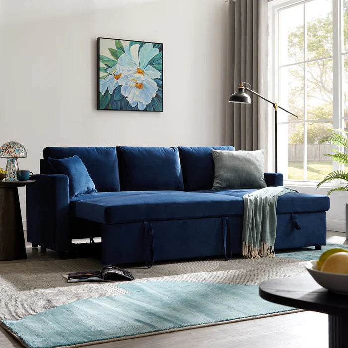 Oliver 3 Seater Reversible Chaise Sofa Bed - Blue Velvet