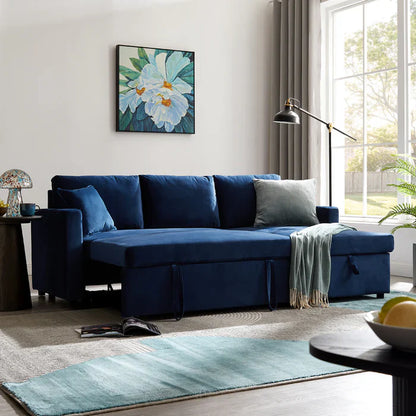 Oliver 3 Seater Reversible Chaise Sofa Bed - Blue Velvet