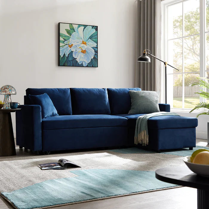 Oliver 3 Seater Reversible Chaise Sofa Bed - Blue Velvet