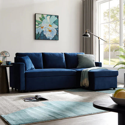 Oliver 3 Seater Reversible Chaise Sofa Bed - Blue Velvet