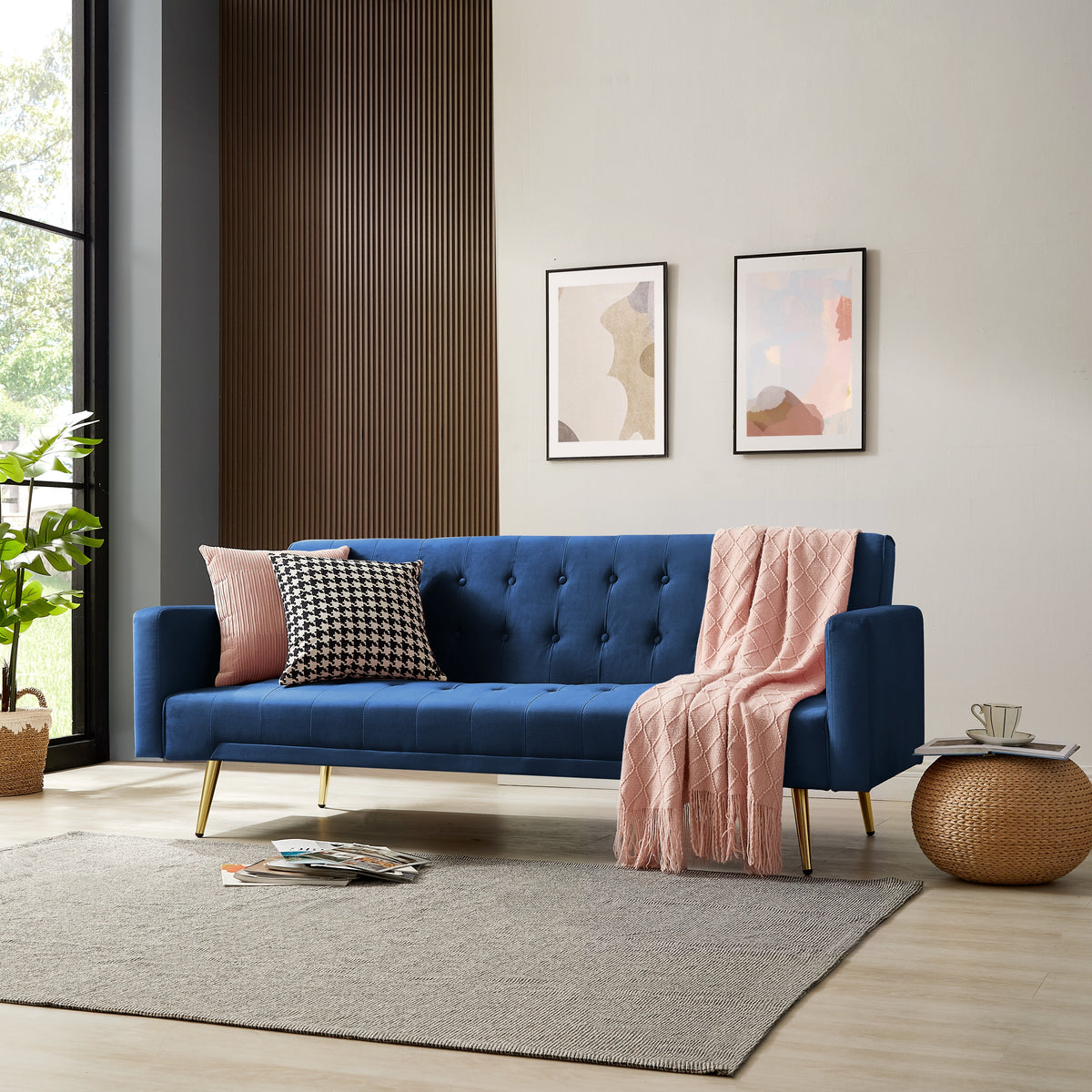 Salisbury V2 Blue Velvet Sofabed with Golden Metal Legs