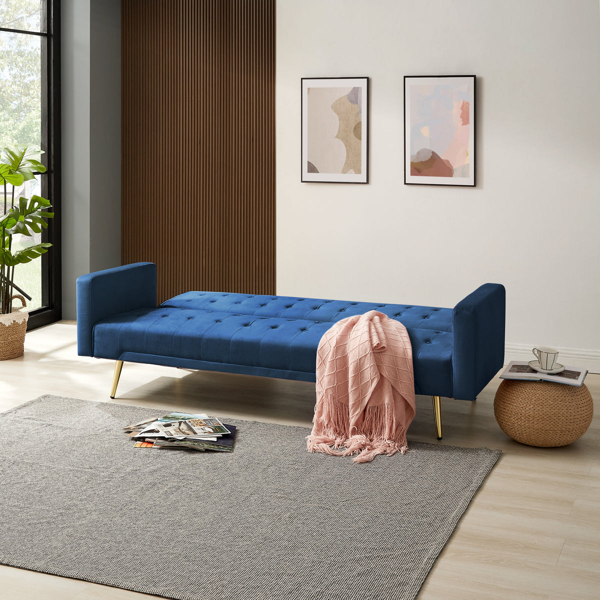 Salisbury V2 Blue Velvet Sofabed with Golden Metal Legs