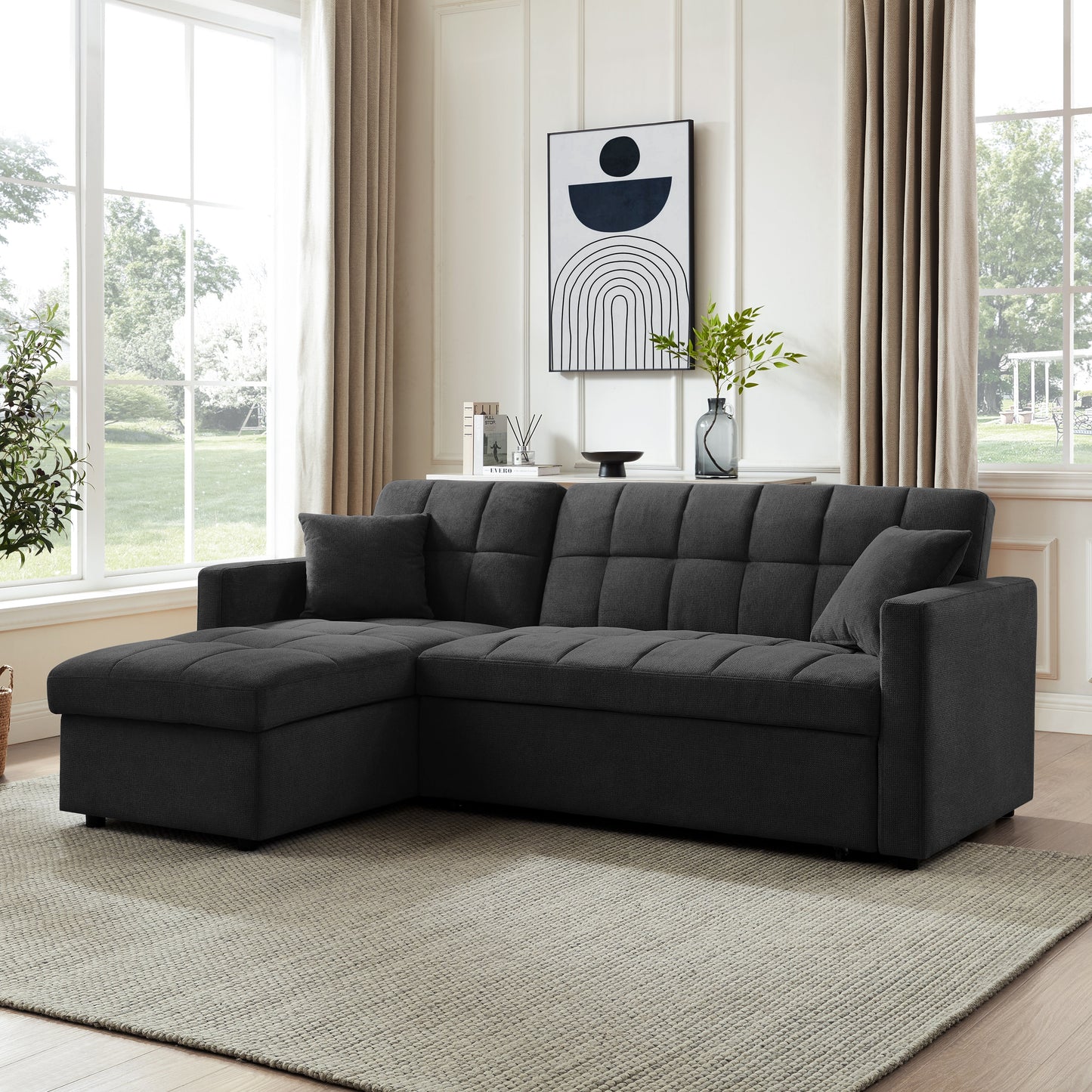 Kayla Pull-Out Sofa Bed With Reversible Storage Chaise, Charcoal Linen