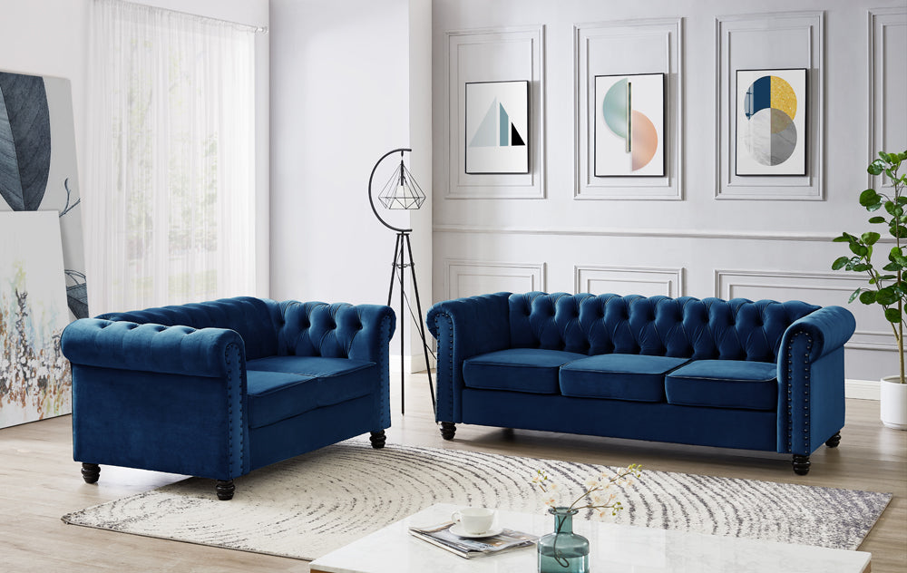 Harper Chesterfield Studded 3+2 Fabric Sofa- Blue Velvet