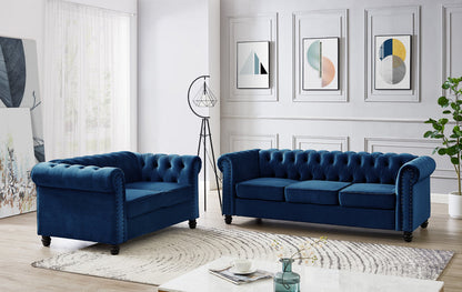 Harper Chesterfield Studded 3+2 Fabric Sofa- Blue Velvet