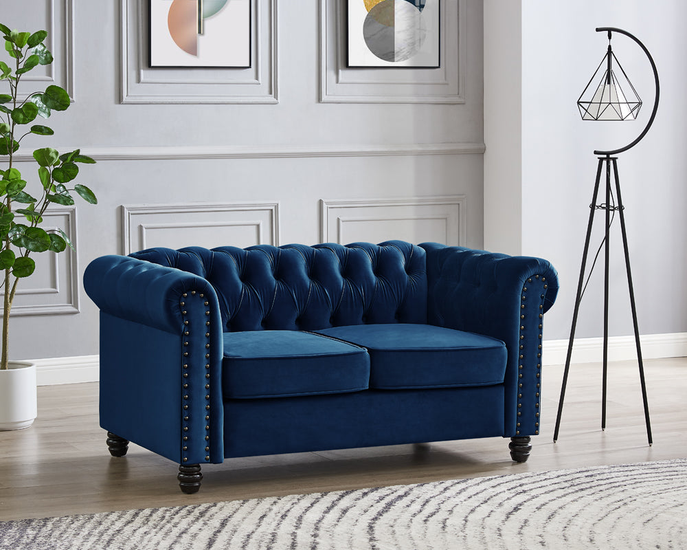 Harper Chesterfield Studded 3+2 Fabric Sofa- Blue Velvet