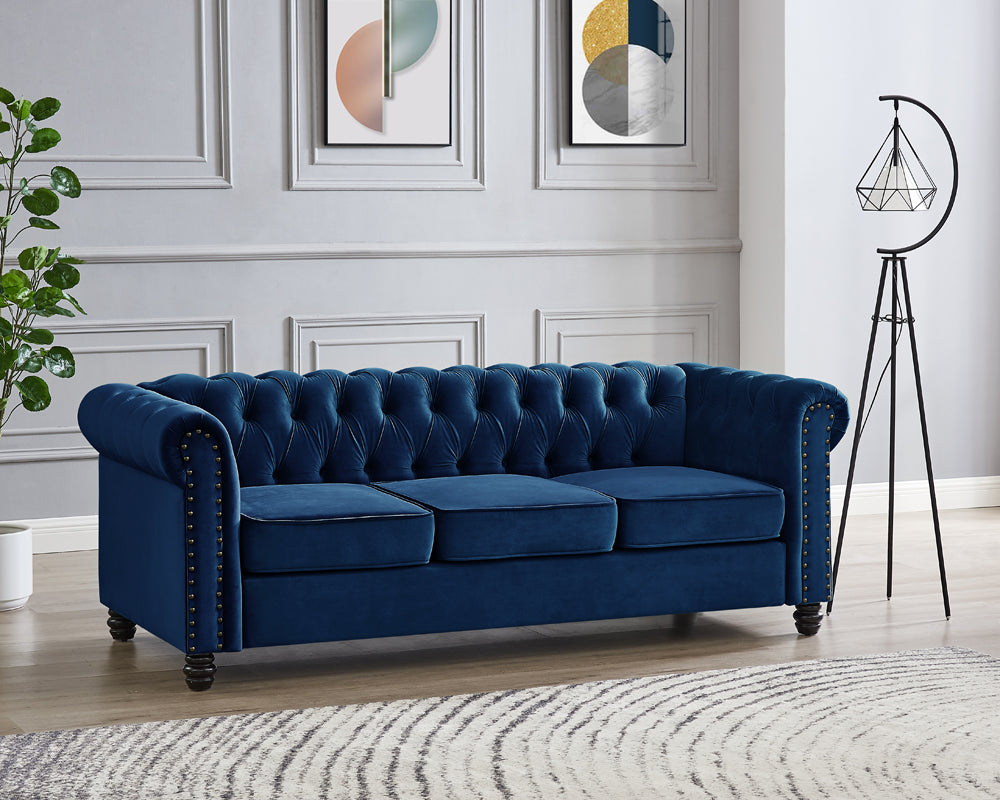 Harper Chesterfield Studded 3+2 Fabric Sofa- Blue Velvet